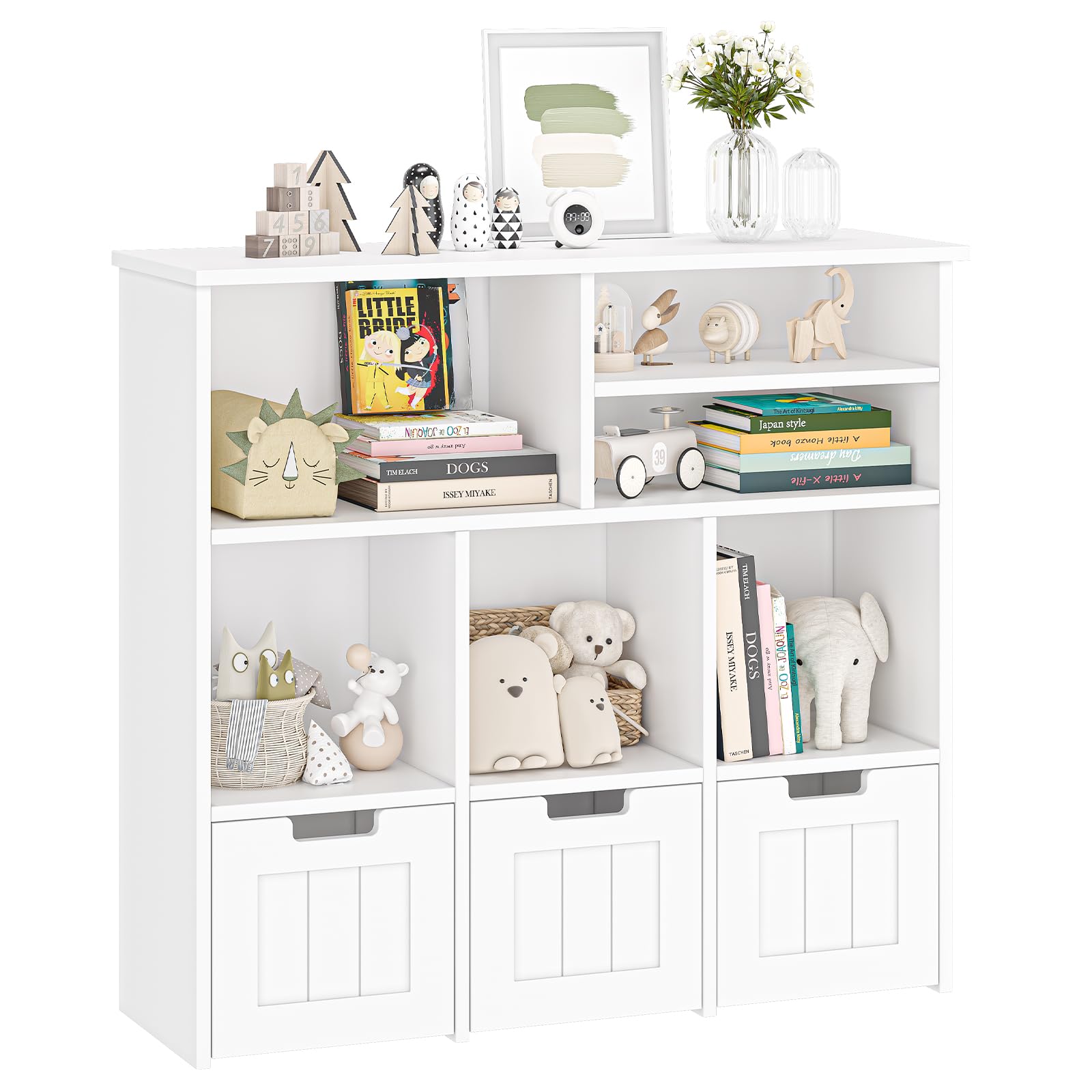 Kids Bookcase Toy Storage Organizer Toy Chest with 3 Movable Drawers & Hidden Wheels