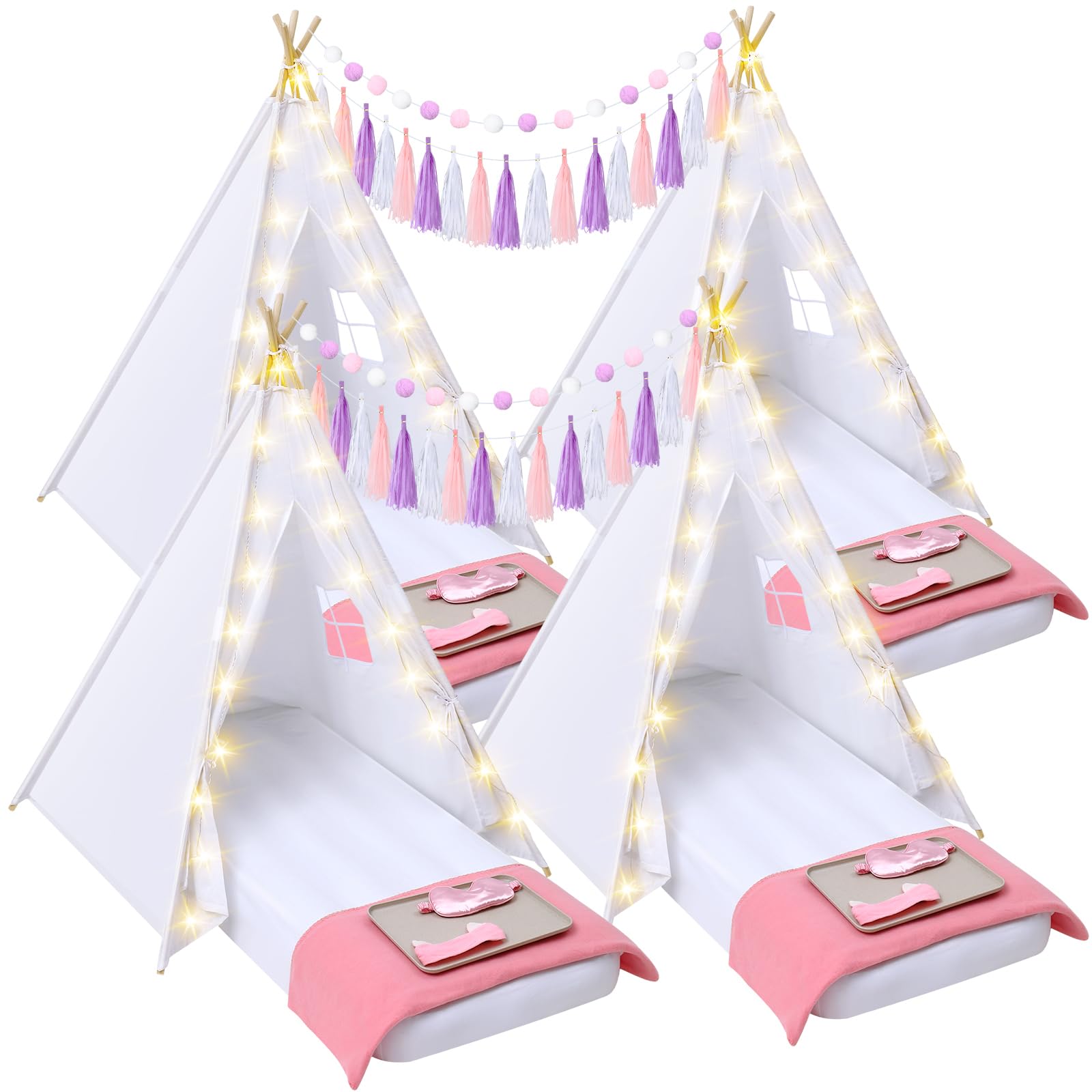 4 Pack White Kids Teepee Tent for Slumber Party, Sleepover Party