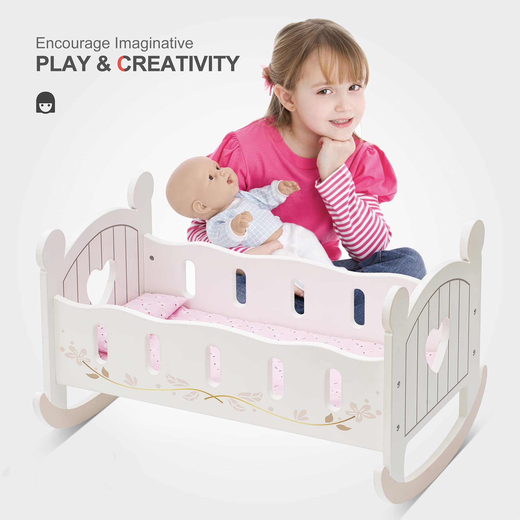 Wooden Doll Cradle Rocking Crib with Bedding Set
