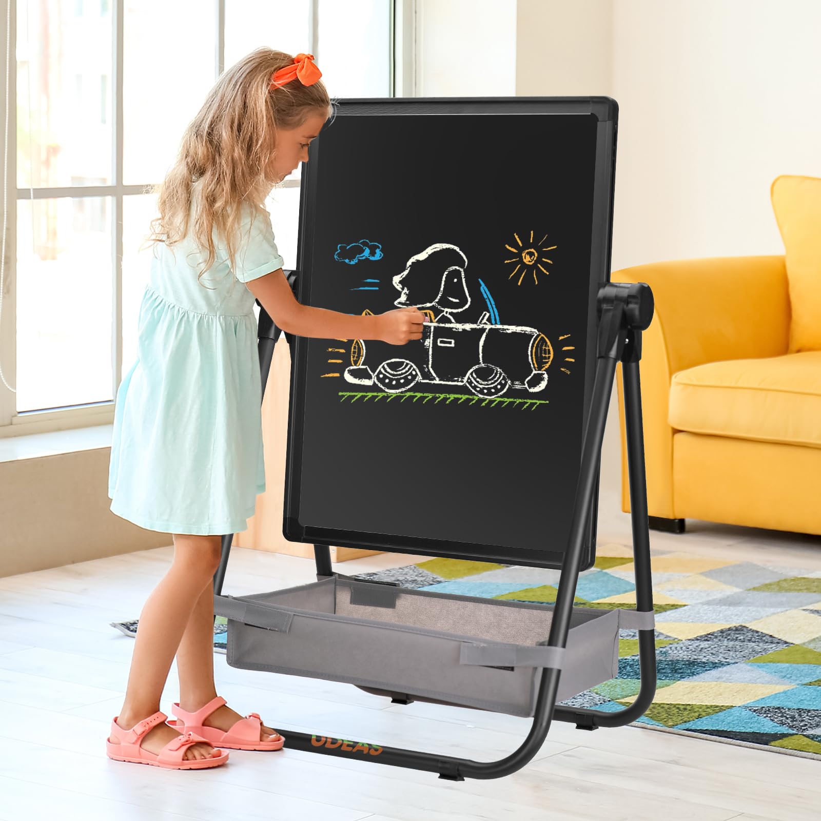 UDEAS Easel for Kids, Adjustable Standing Toddler Easel Magnetic Whiteboard & Chalkboard with 27inch-44inch Height, Double Sided 360°Rotating Kids Art Easel for Toddlers for Boys and Girls 3+
