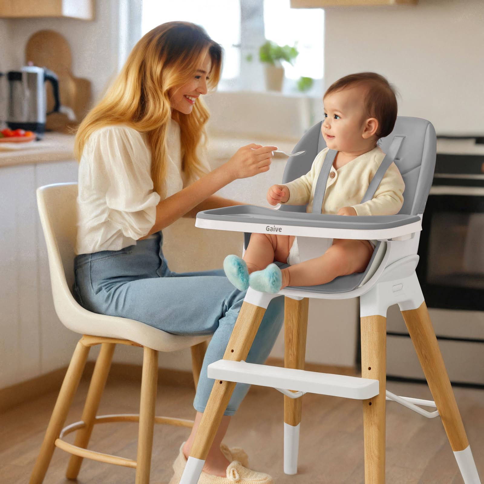 8 in 1 Highchair, Convertible Wooden Baby High Chair with Tray, Adjustable High Chair