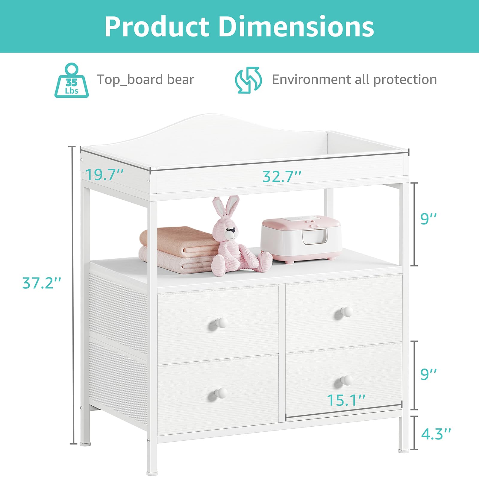 Changing Table Dresser with Fabric Drawers and Open Shelf