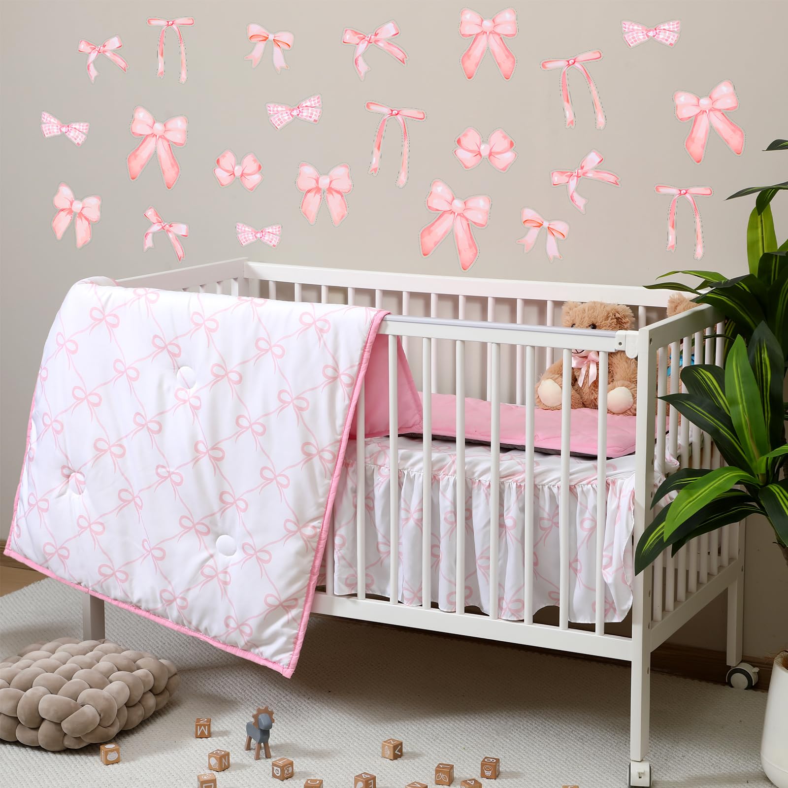 SmoothNovelty 5 Pcs Pink Bow Theme Crib Bedding Set Include Bow Knot Print Crib Sheets Bed Skirt Comforter Pad Cover Wall Stickers for Girls Princess Nursery Room Decoration