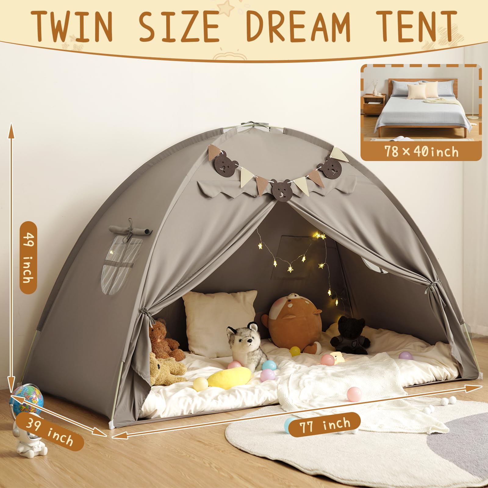 Twin Bed Tent, Bed Canopy Bunk Bed Tent with Stars Lights & Flags, Breathable Sleeping Tent, Privacy Space Dream Playhouse for Indoor Bedroom Floor, Portable Foldable Play Tent with Storage Bag, Grey
