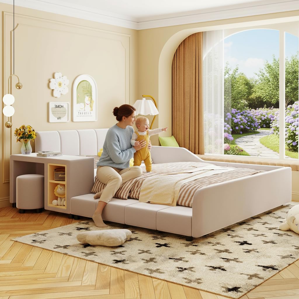 Full Size Velvet Upholstered Platform Bed with Bedside Desk