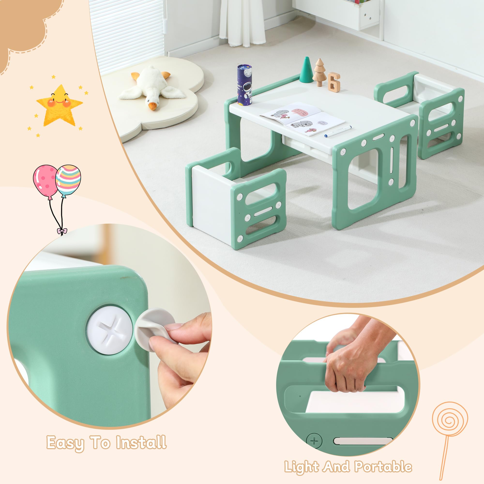 3-in-1 Montessori Activity Table and Chairs Set for Toddlers