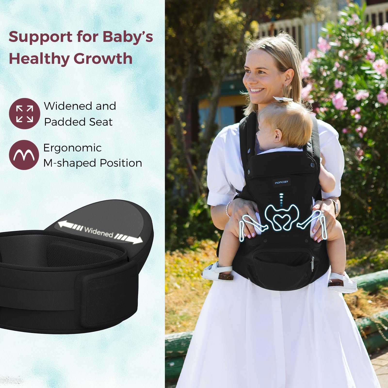 Momcozy Baby Carrier with Hip Seat, 2-in-1 Forward-Facing Carry for Active Babies, Detachable Hands-Free Infant Carrier up to 44lbs, All Seasons Toddler Carrier Fits Waist Sizes up to 45 Inches, Black