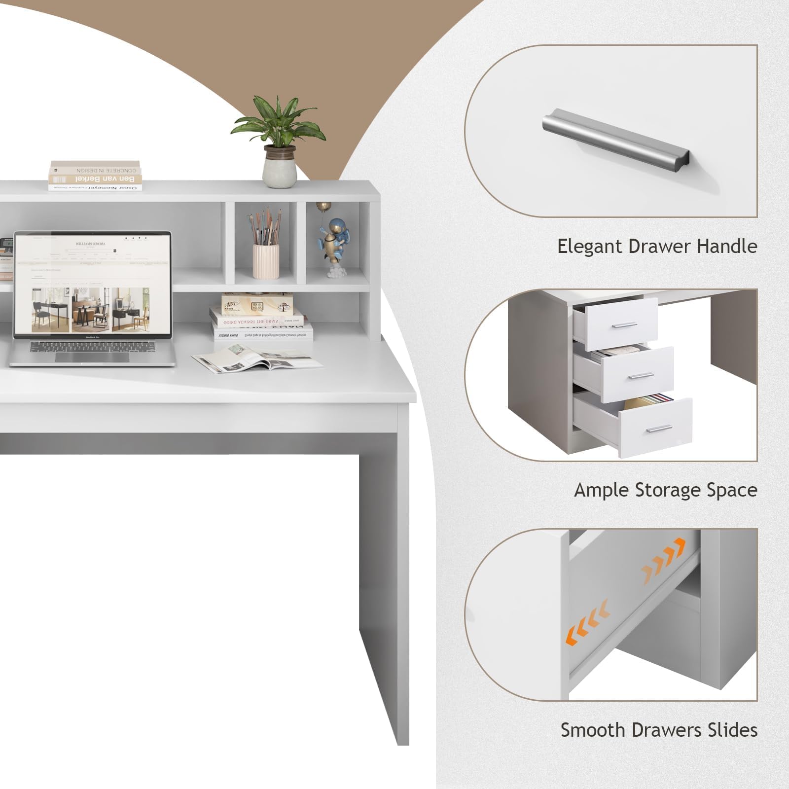 White Desk with Storage Drawers and Hutch for Bedroom