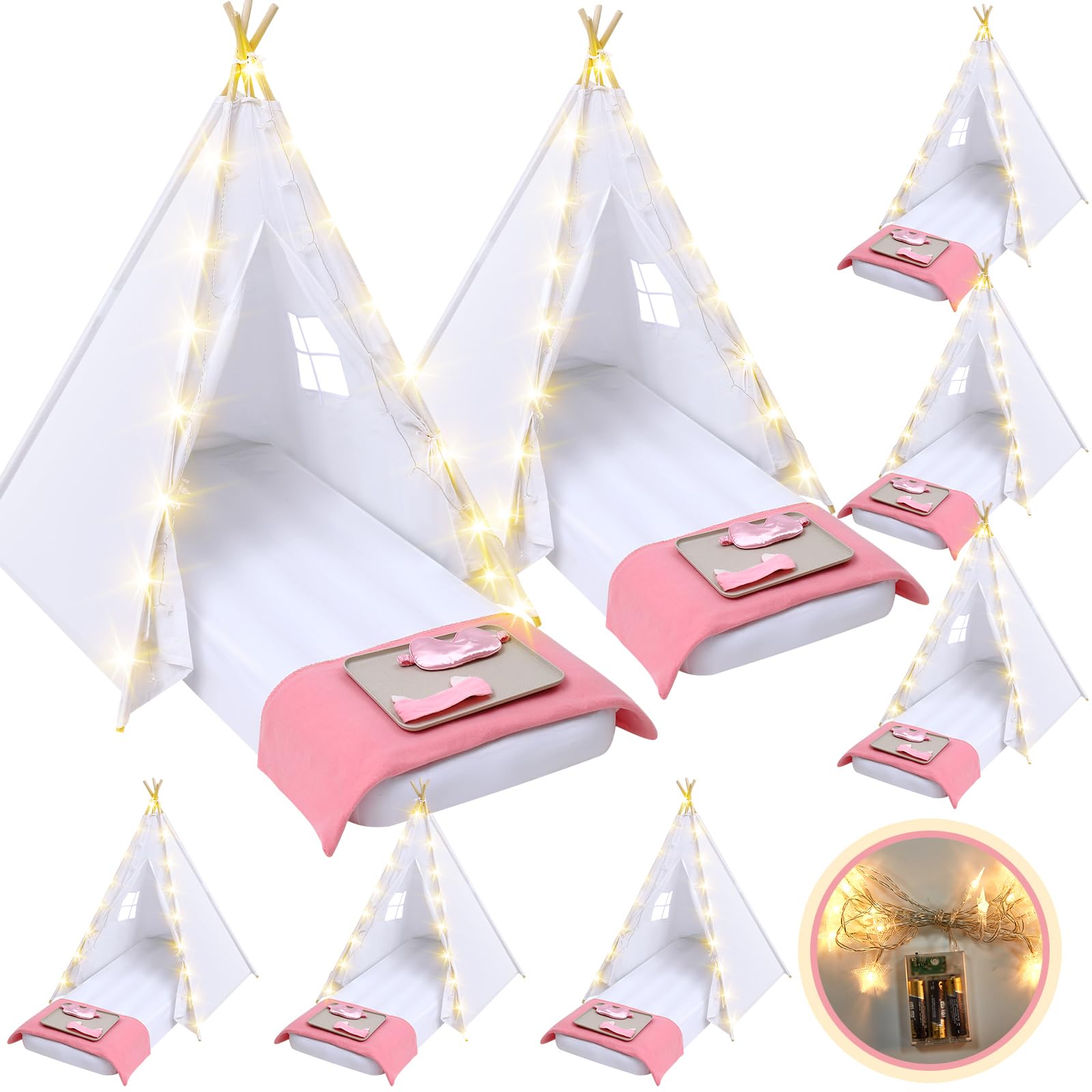 8 Pack Kids Teepee Tent Slumber Party Set with Mattress and Lights