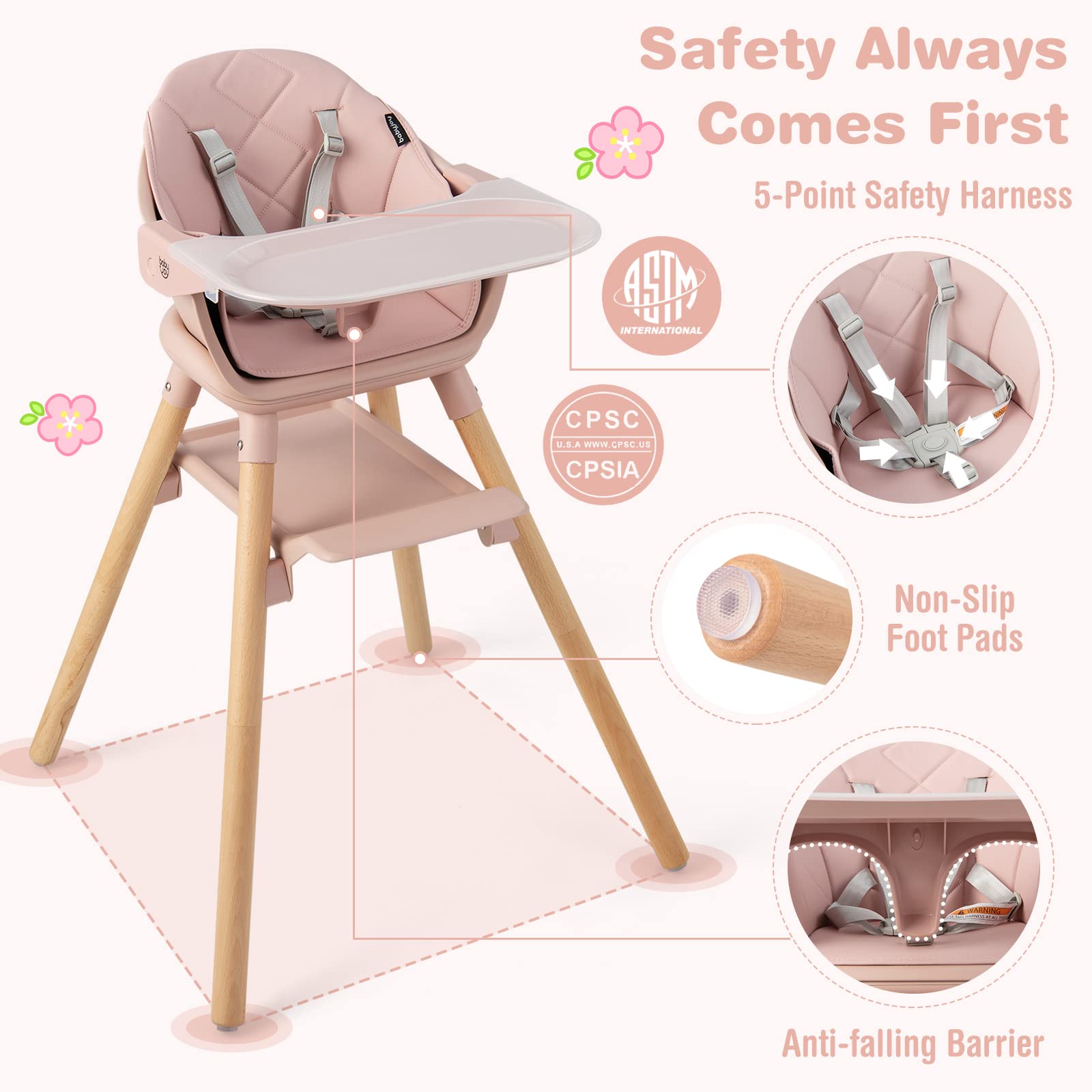 6-in-1 Convertible Wooden Baby High Chair with Adjustable Legs and Removable Tray
