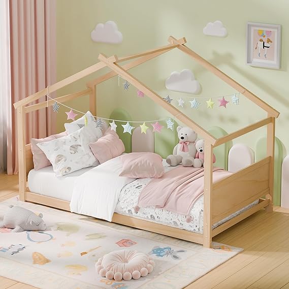 Twin House Bed, Montessori Floor Bed with Headboard & Footboard, Solid Wood Bed Frame