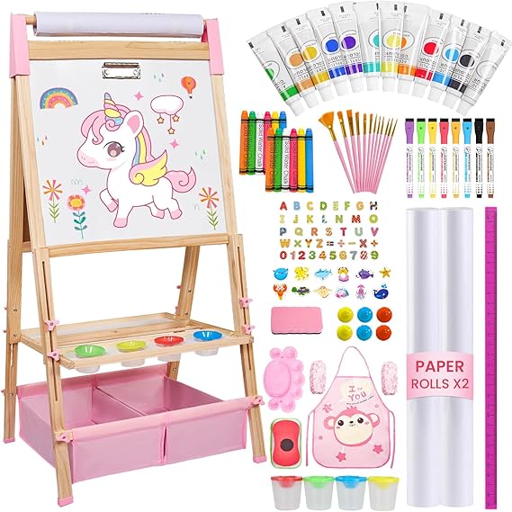 Adjustable Wooden Art Easel for Kids,114+ Art Supplies,Double Sided Magnetic