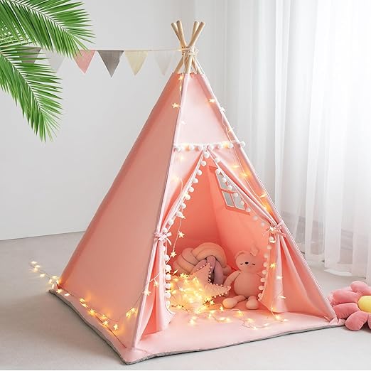 Teepee Tent for Kids with Mat, Star Lights, Carry Case