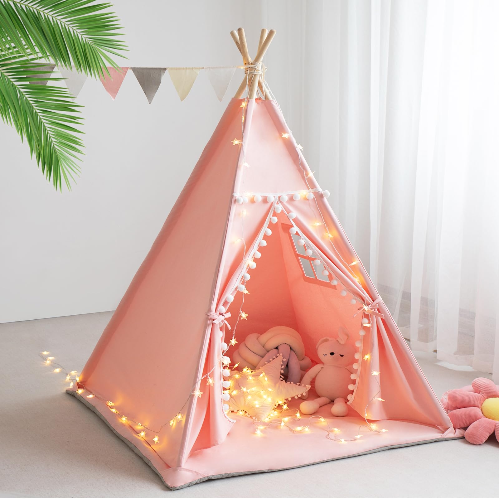 Cotton Canvas Kids Teepee Tent with Mat and Lights