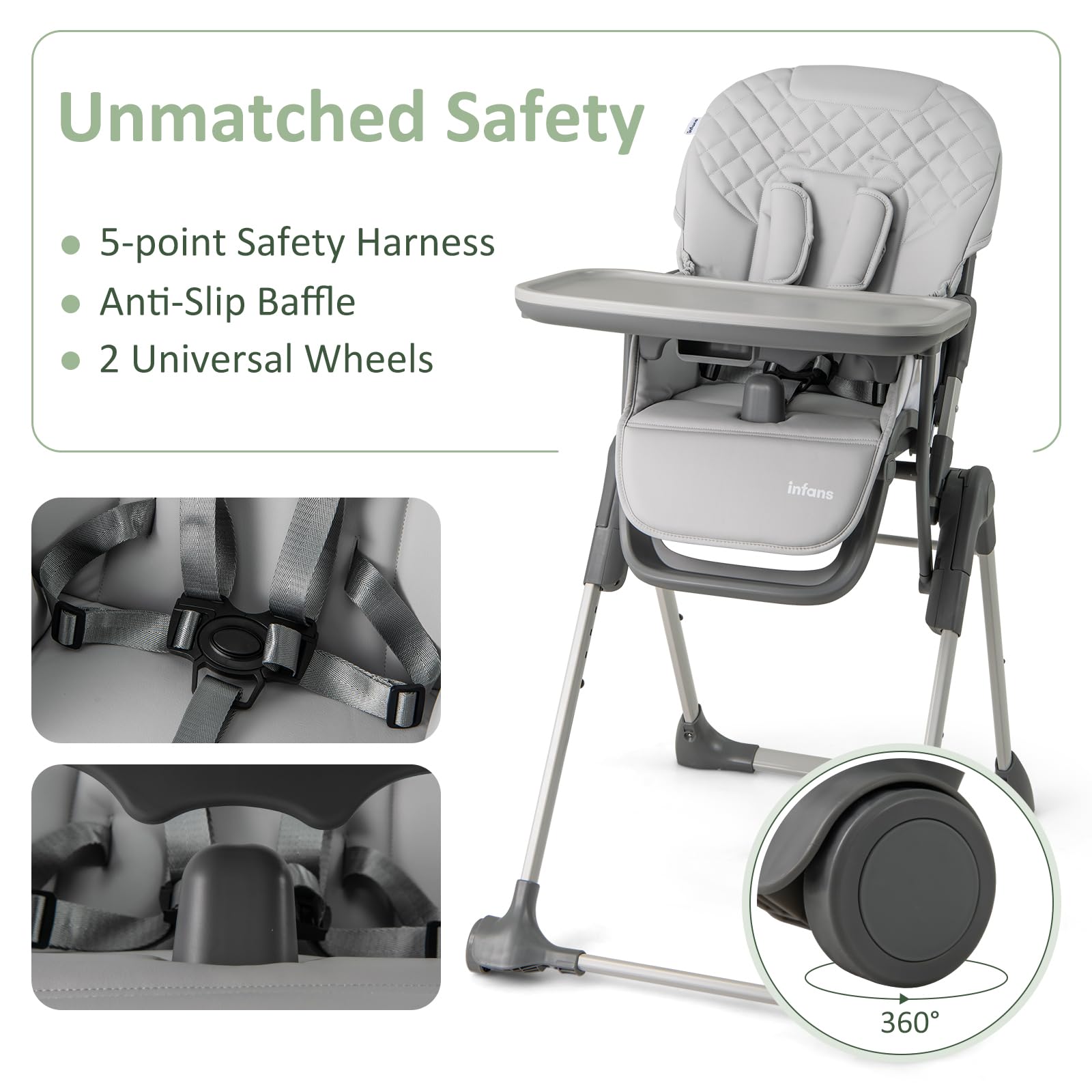 Convertible Folding Baby High Chair with Adjustable Height and Removable Tray