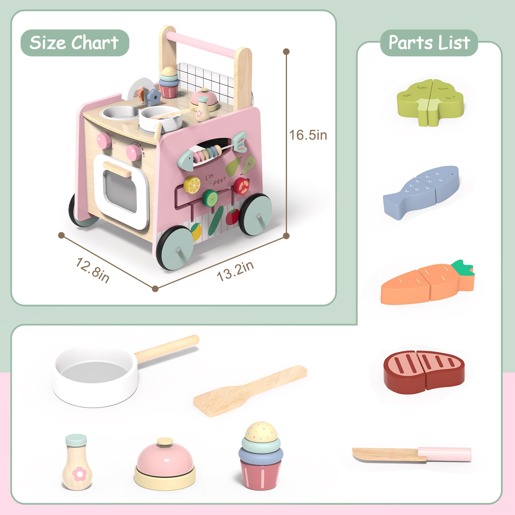 4-in-1 Wooden Baby Walker with Kitchen Play Set