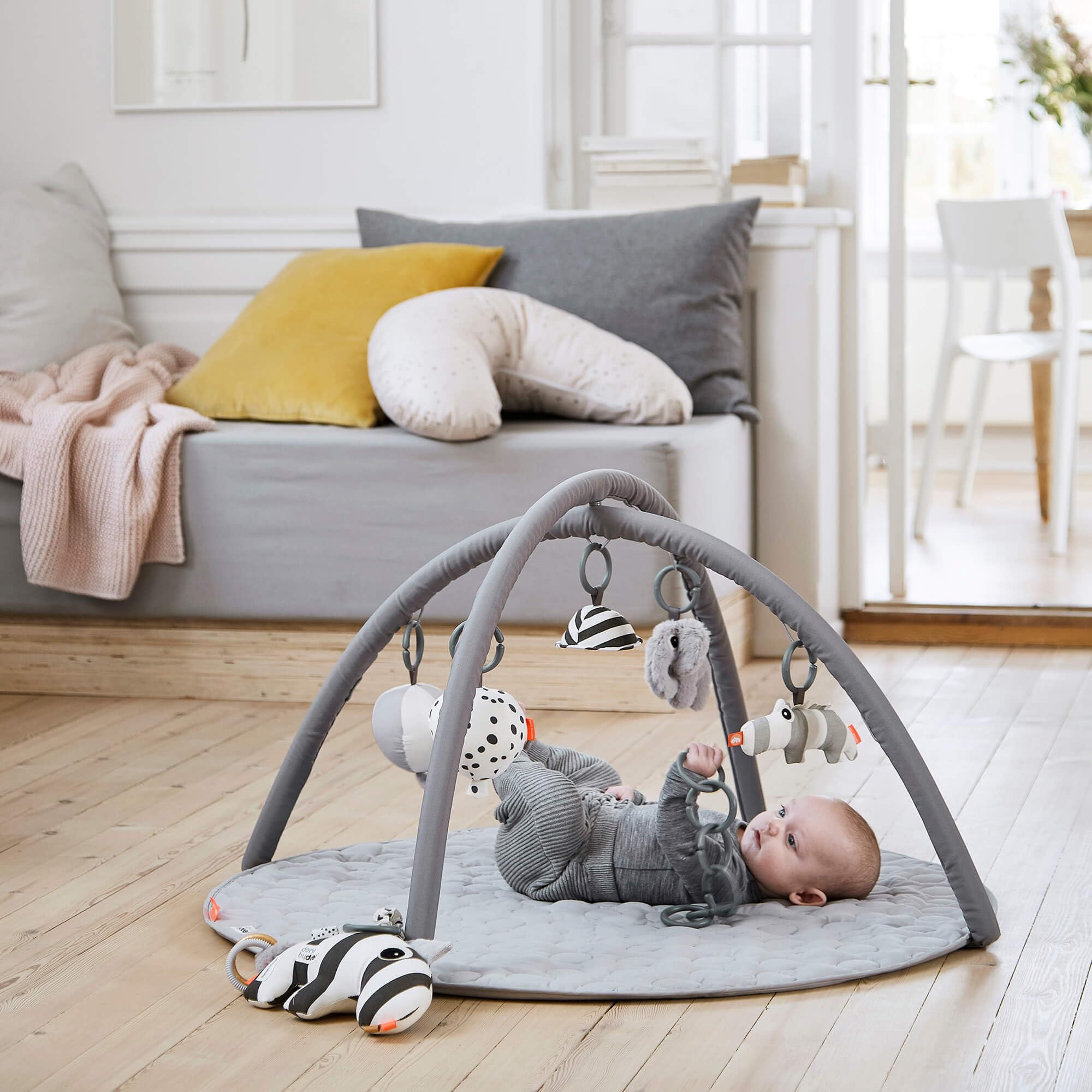 Activity Play Mat Deer Friends Grey - Baby Play Mat with 5 Toys for Sensory