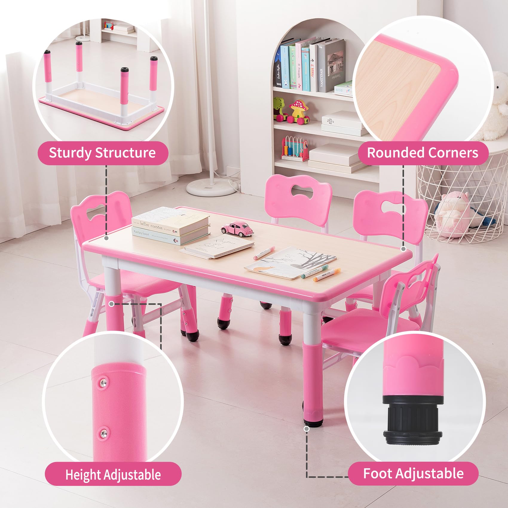 Height Adjustable Kids Table and Chairs Set with Graffiti Desktop
