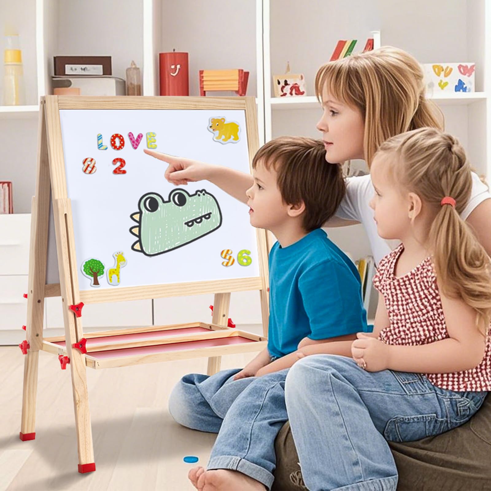 Kids Painting Easel Double Sided Chalkboard & Magnetic Whiteboard Wooden