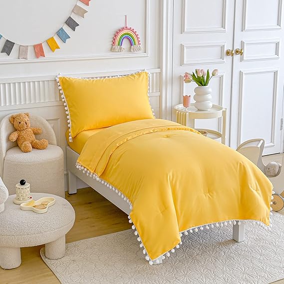 Toddler Bedding Set 4 Pieces Boho Ball Pom Pom Toddler Bed Set