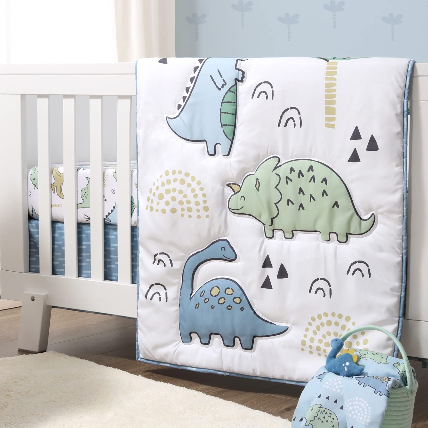 Blue Dino Nursery Crib Bedding Set 5 Piece