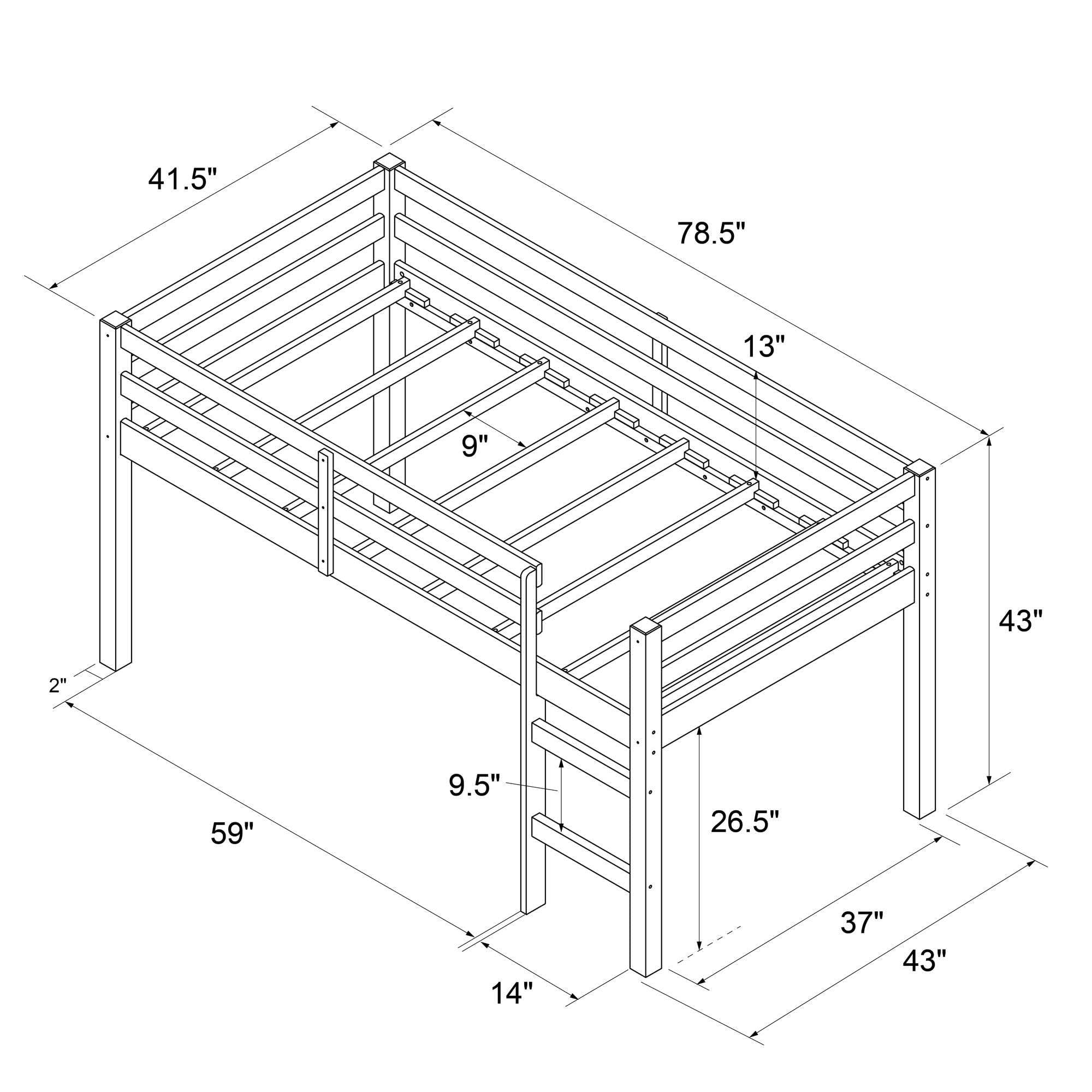 Junior Twin Loft Bed with Ladder and Guard Rail