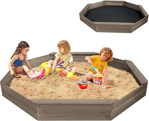 Octagonal Wooden Sandbox with Cover and Bench Seats