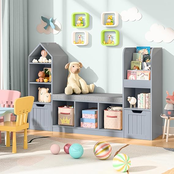 Kids Bookcase and Bookshelf with Reading Nook, Toy Storage Organizer