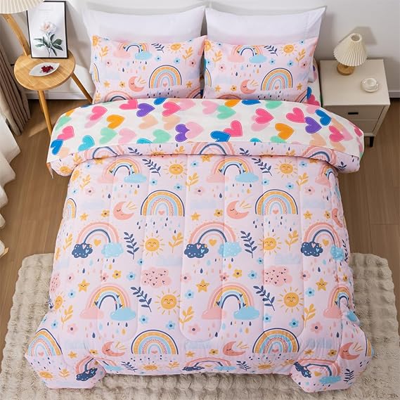 Rainbow Comforter Set with Sheets,5 Pieces Floral Bed in a Bag Twin
