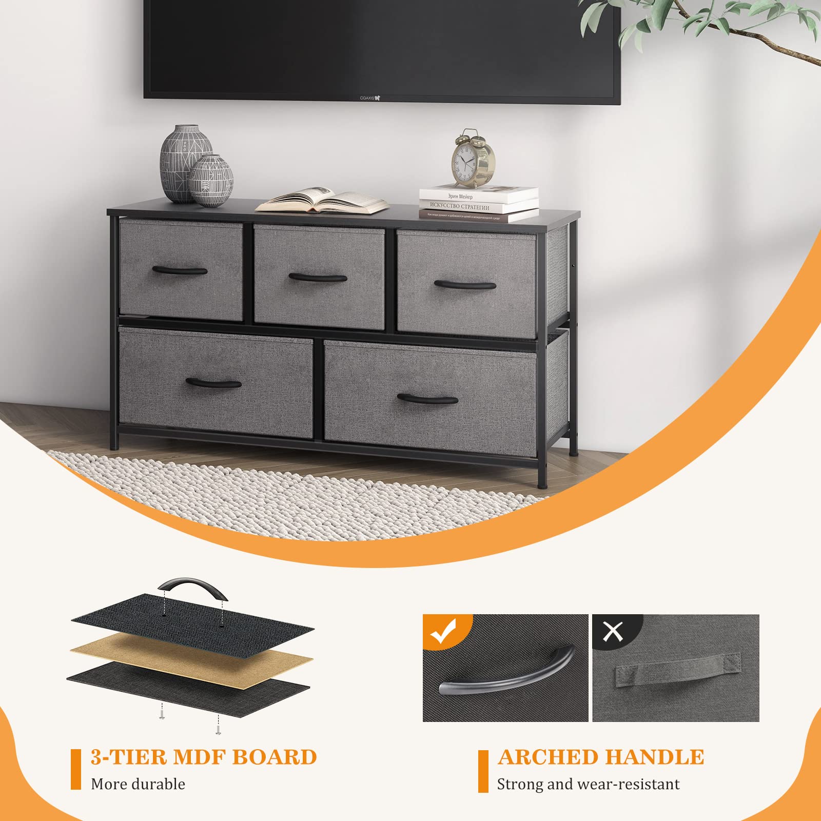 5 Drawer Dresser with Wooden Top and Metal Frame