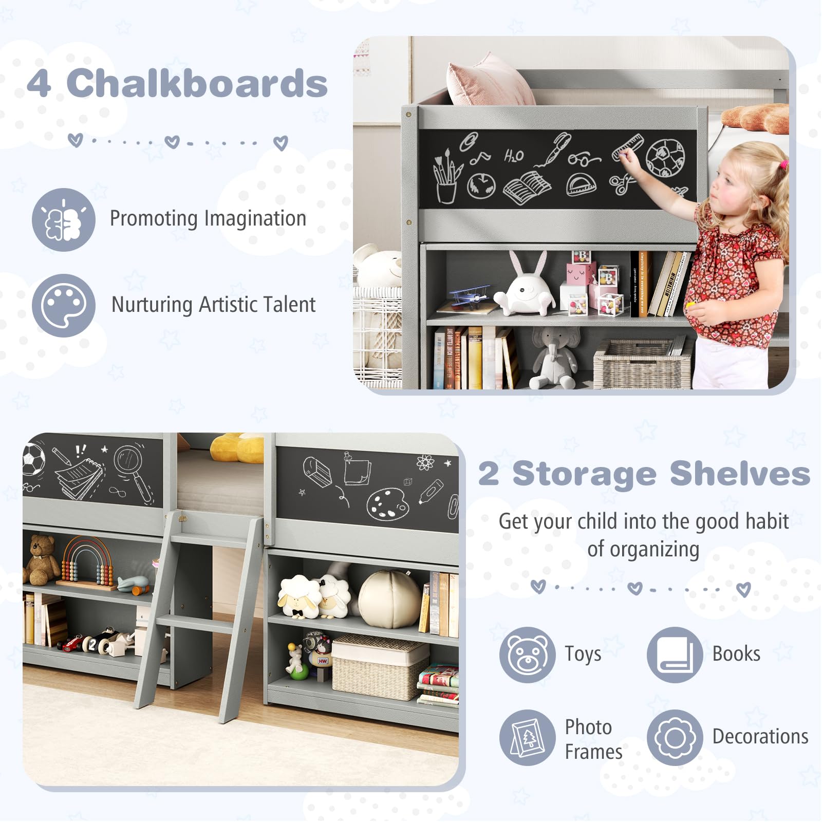 Twin Low Loft Bed with Chalkboard and Storage