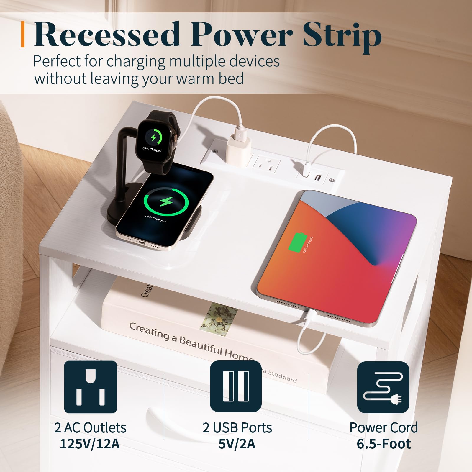 LED Nightstand with Charging Station and Fabric Drawers