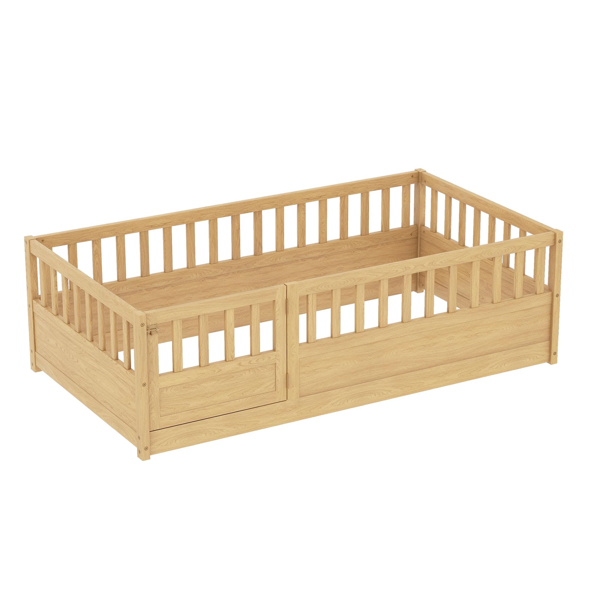 Twin Montessori Floor Bed with High Fence and Door