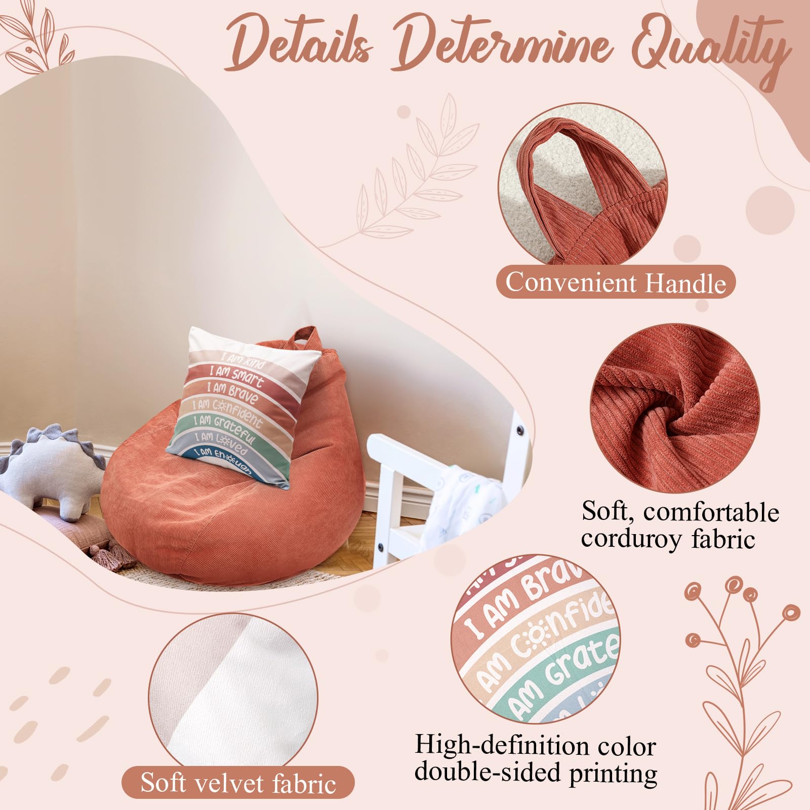 Stuffed Animal Storage Bean Bag Chair Cover with Rainbow Pillow Covers