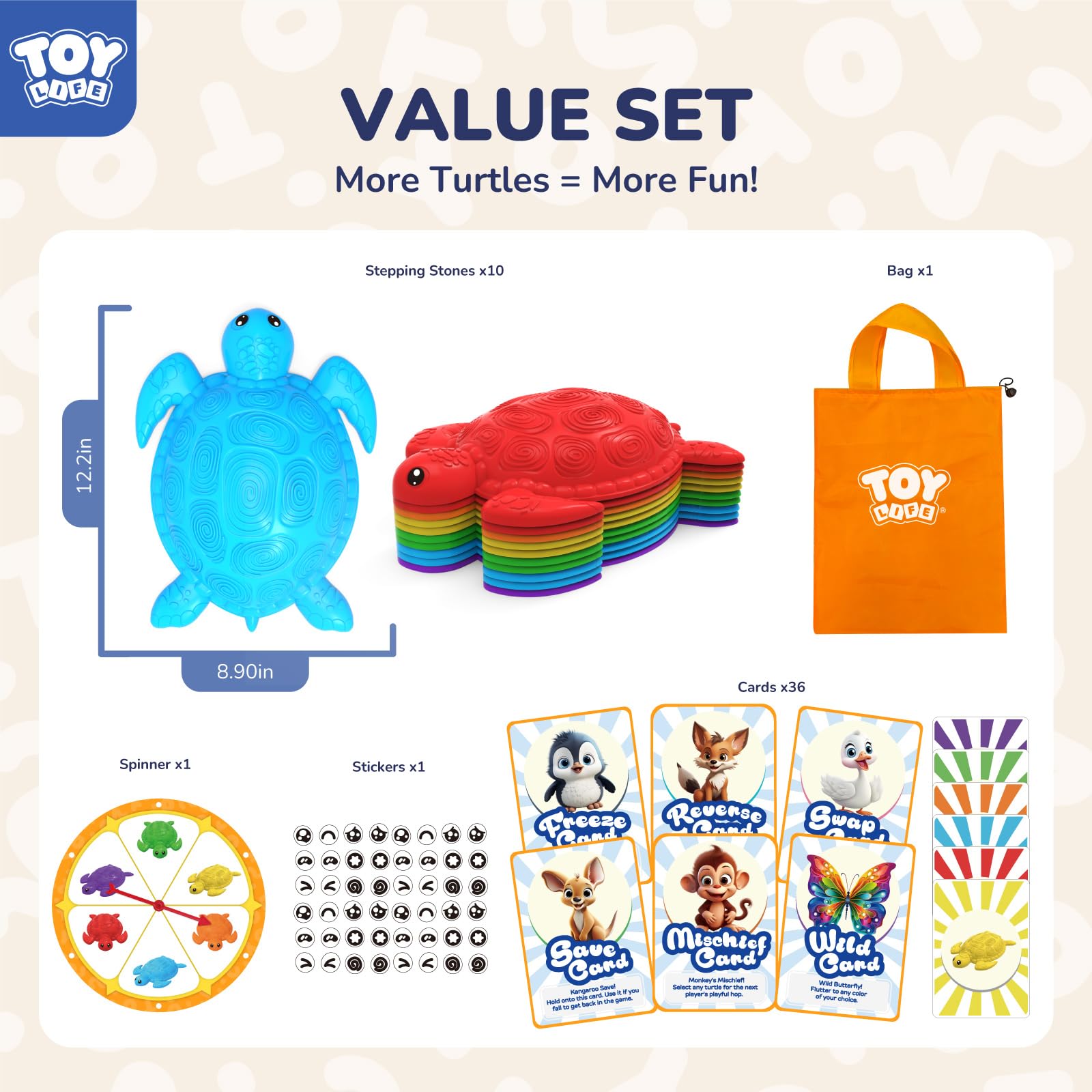 TOY Life 10 Pcs Turtle Balance Stepping Stone for Kids, Indoor Outside Toys for Kids Ages 4-8, Toddler Outdoor Toys, Stepping Stones Game, with Cards and Spinner