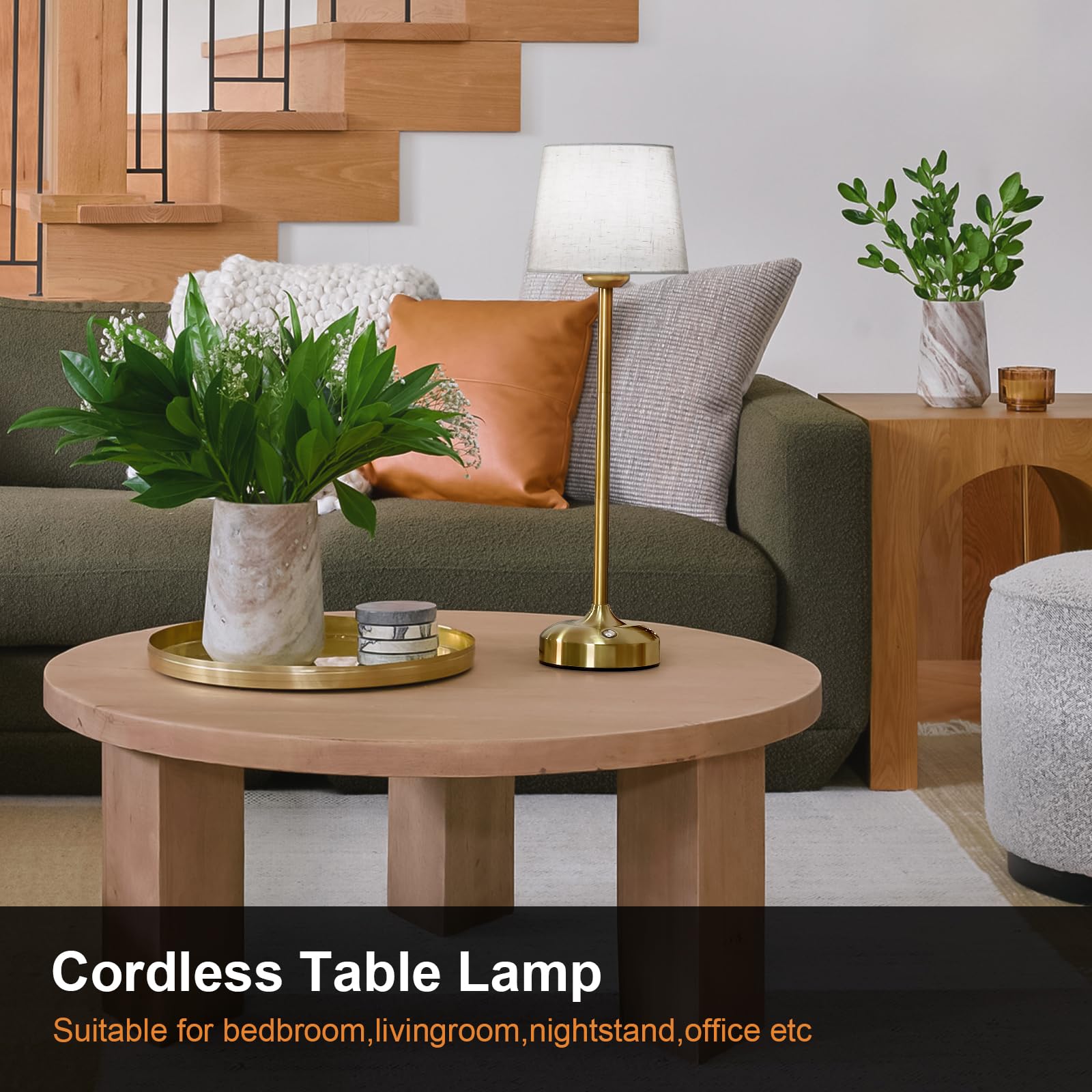 YAYZA! Cordless Table Lamp Adjustable Height Desk lamp, Fabric Shade 7500mAh Rechargeable LED Wireless Touch Night Light Stepless Dimming, 3 Color Temperatures with Edison Bulb (High Gold - 1 Pack)