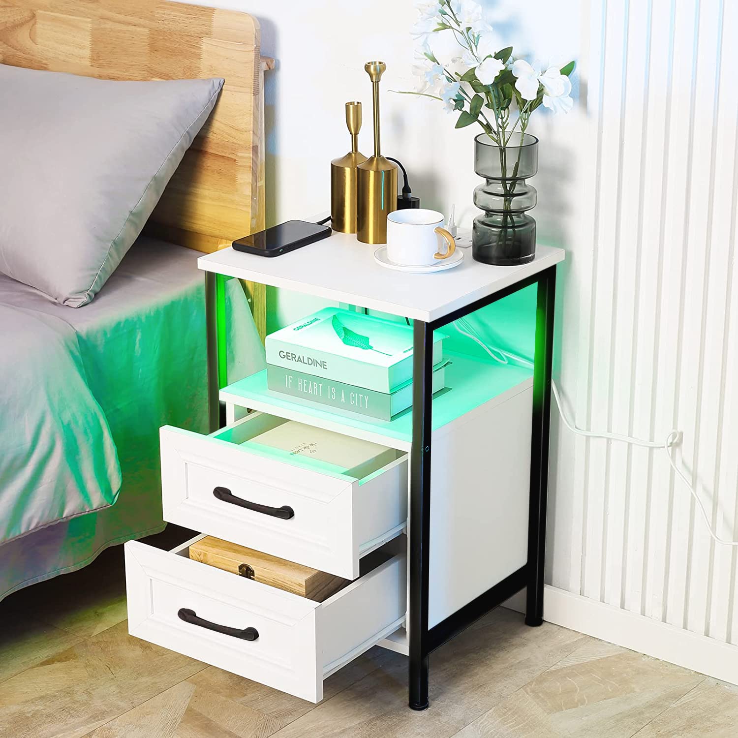 Nightstand with Charging Station and RGB Lights