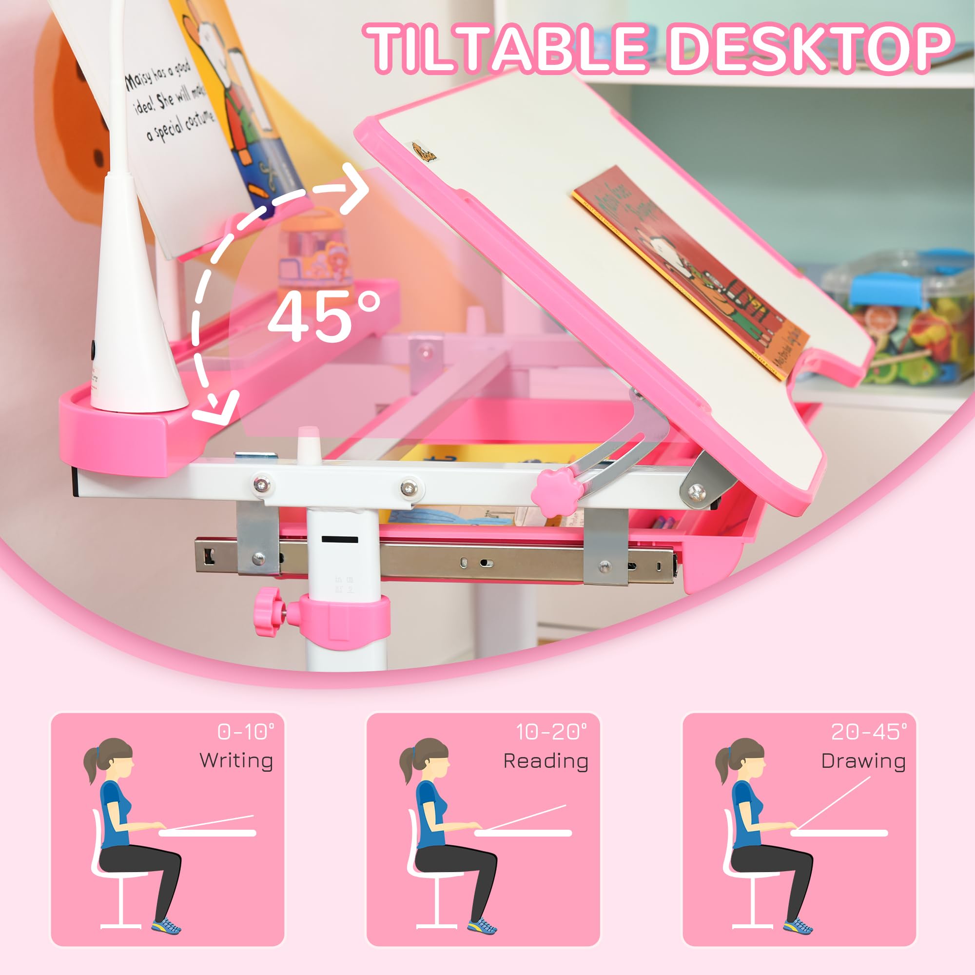 Height Adjustable Kids Desk and Chair Set with LED Lamp