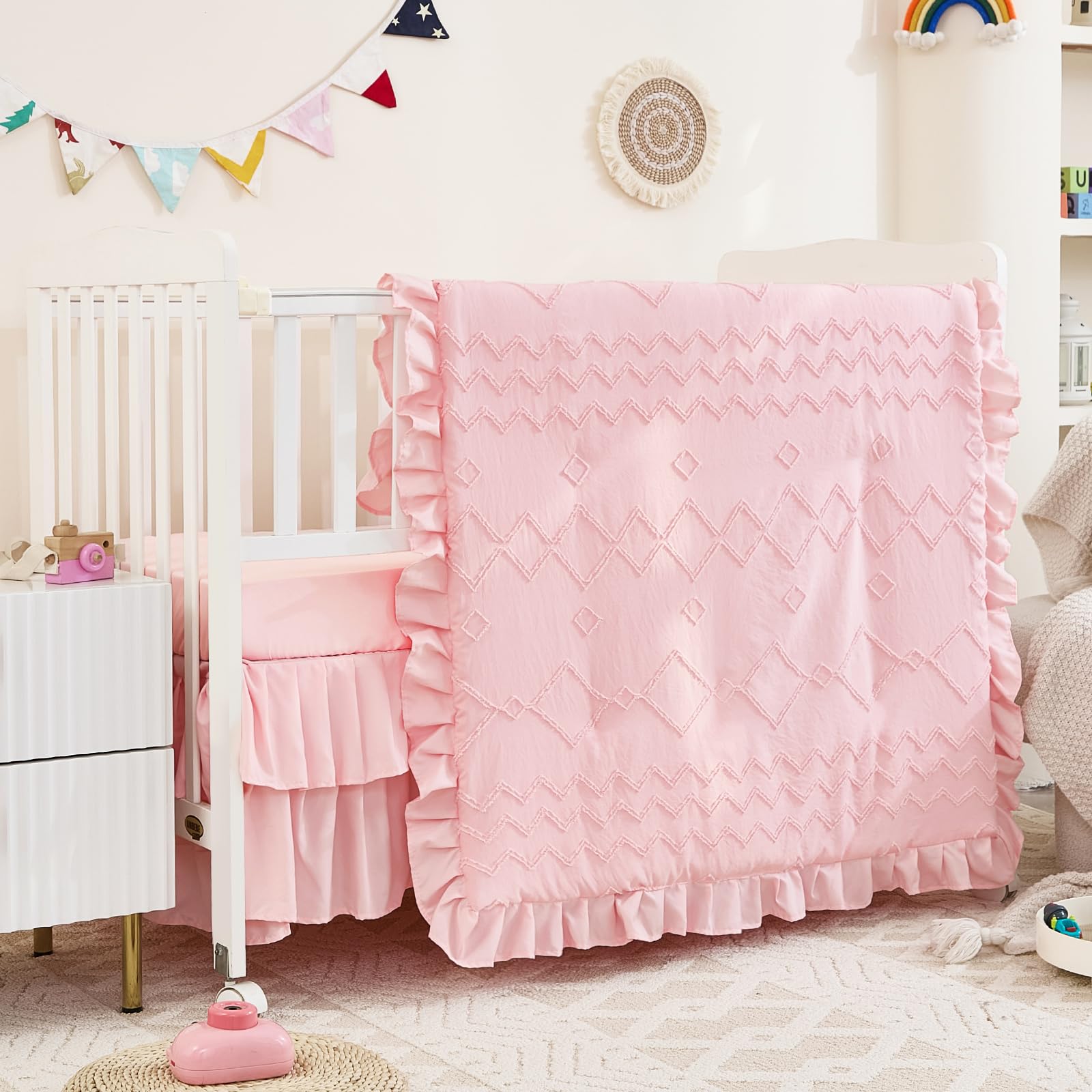 Tufted Ruffle Crib Bedding Set - Pink