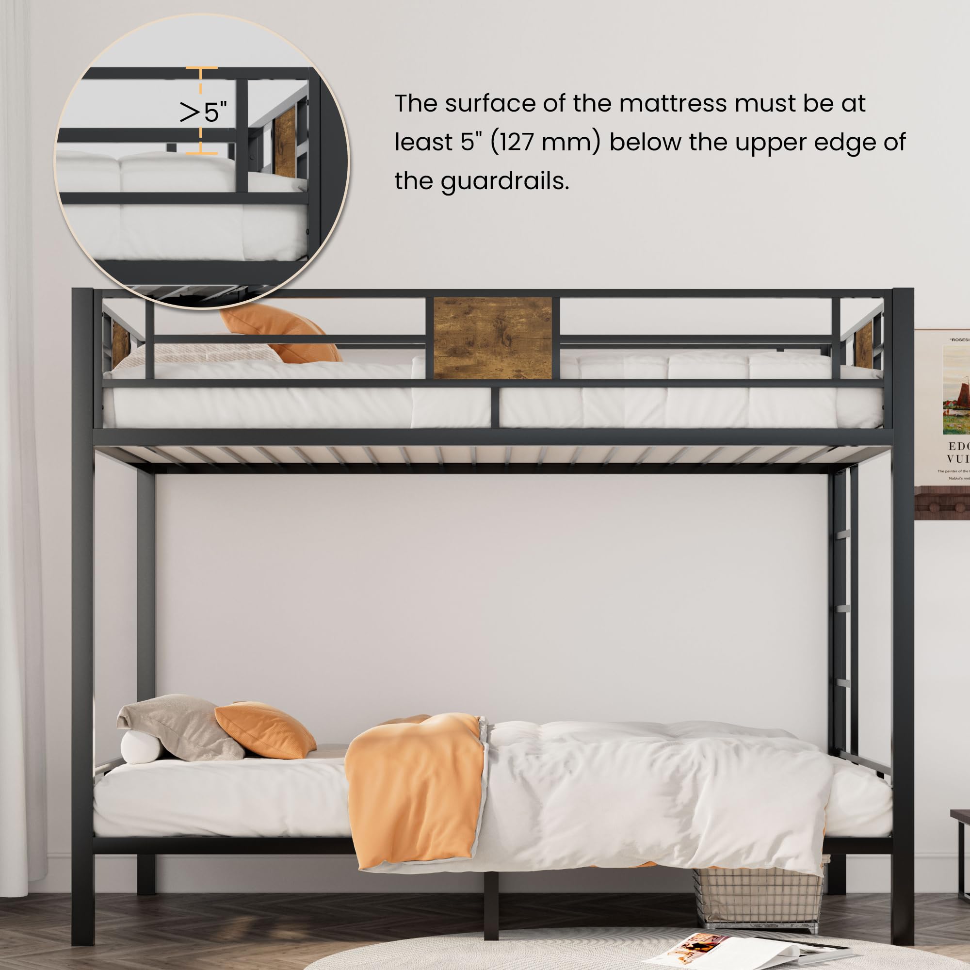 Twin Over Twin Metal Bunk Bed with Ladder and Guardrails