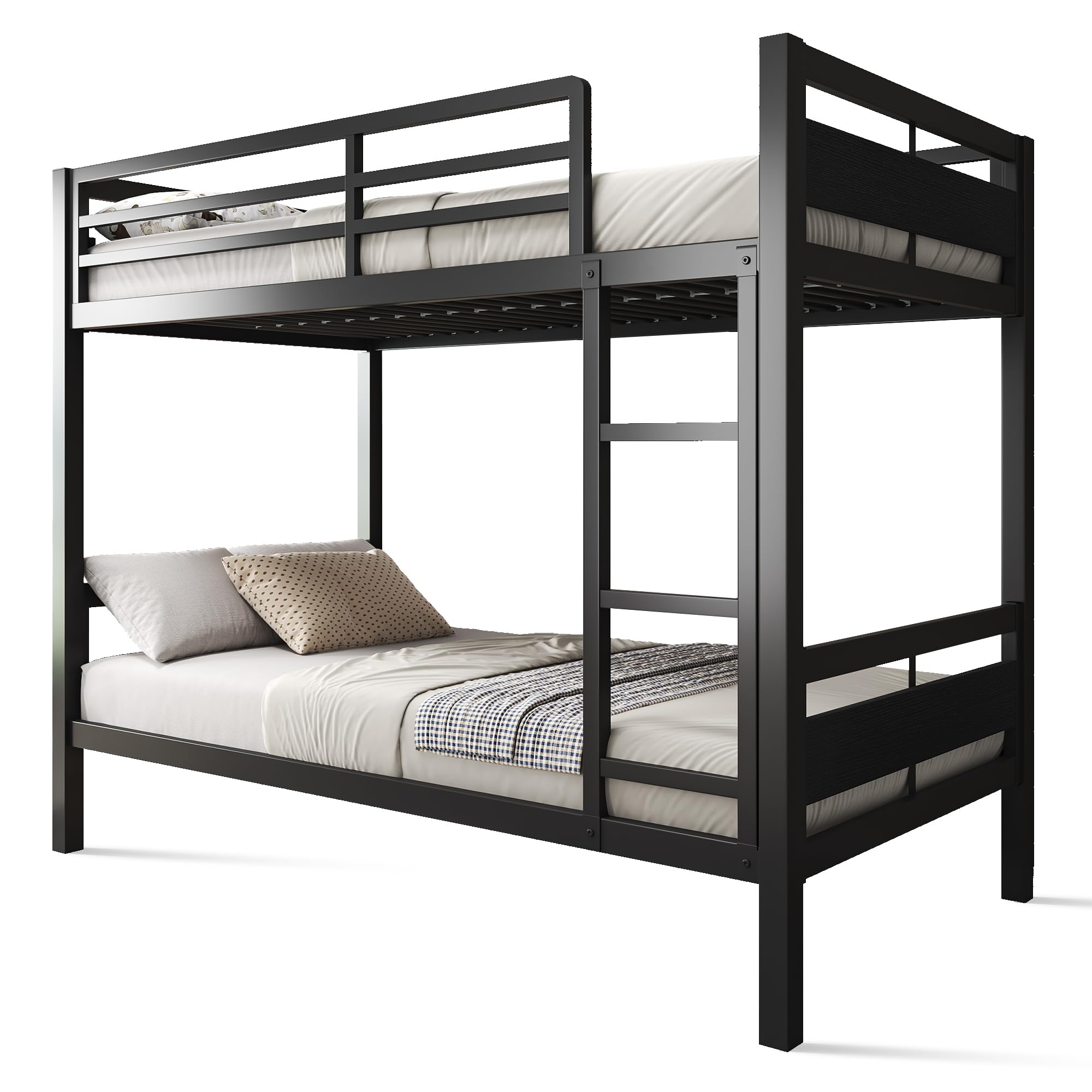 Metal Twin Over Twin Bunk Bed with Ladder and High Guardrail