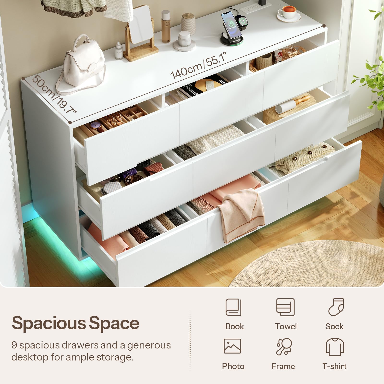 9 Drawer White Dresser with Charging Station and LED Lights