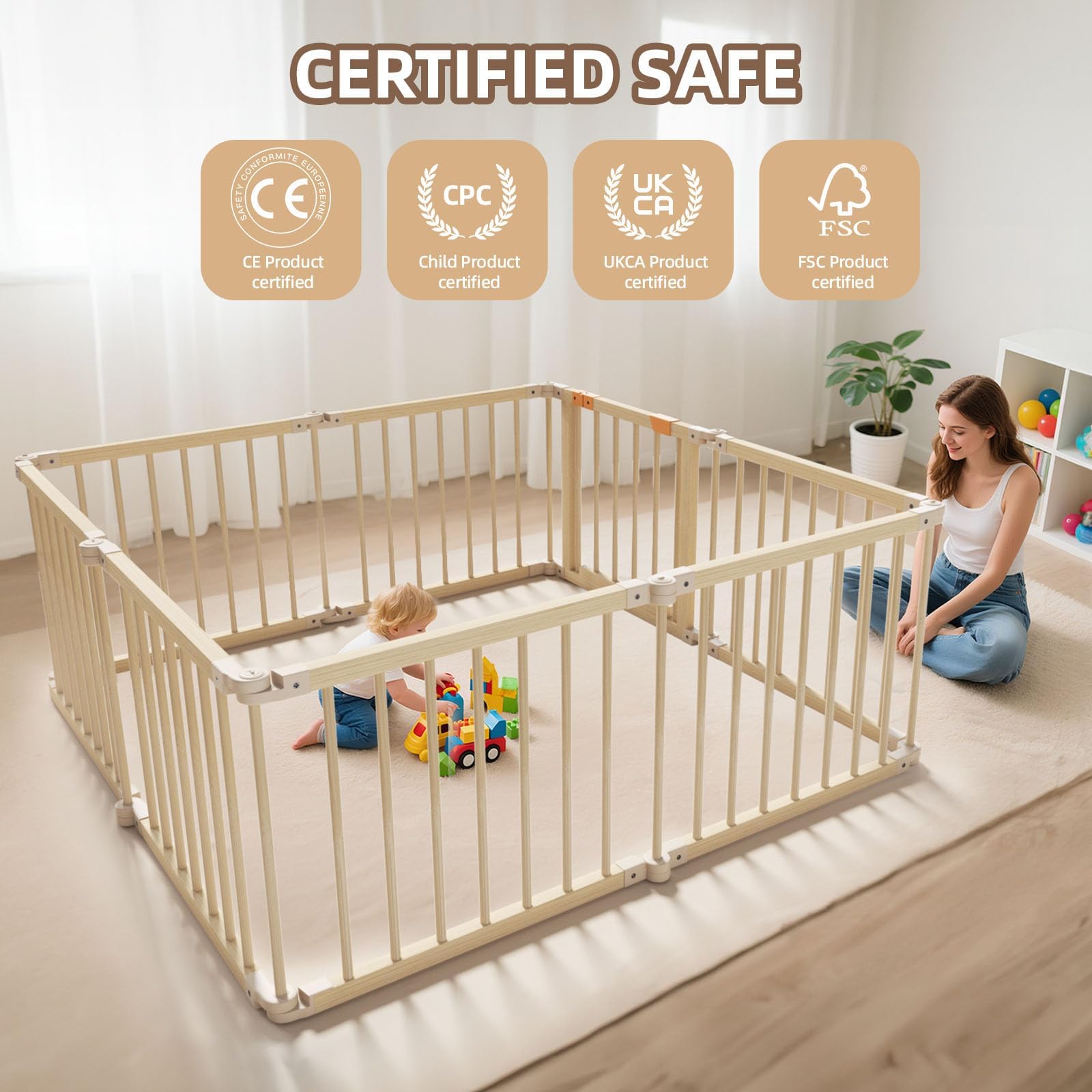 Wooden Baby Playpen with Gate 8 Panels