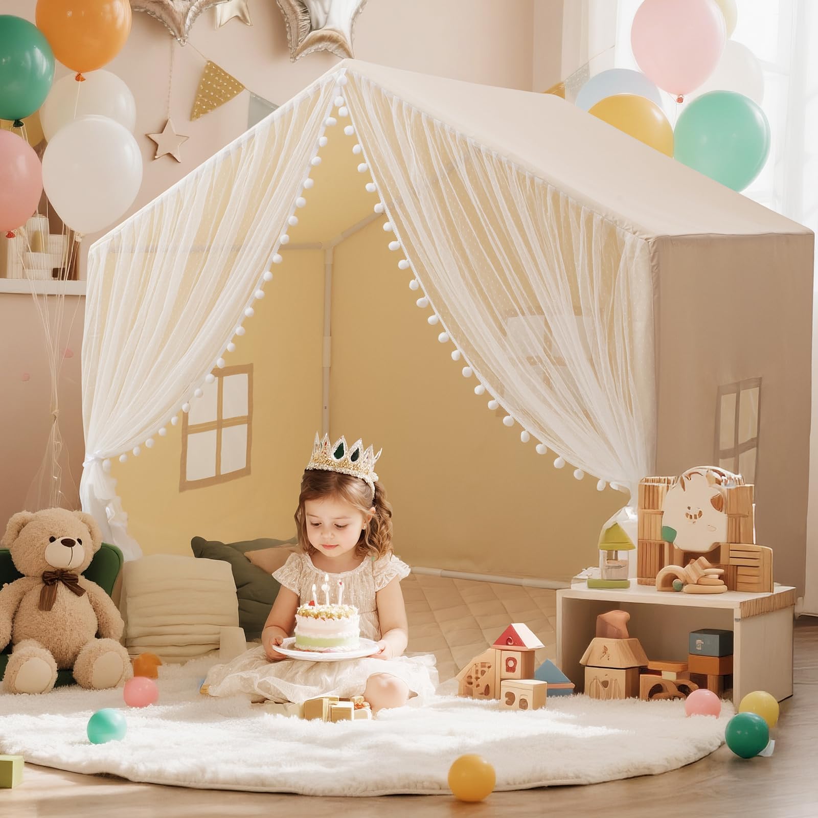 Large Kids Play Tent with Padded Mat and Star Lights