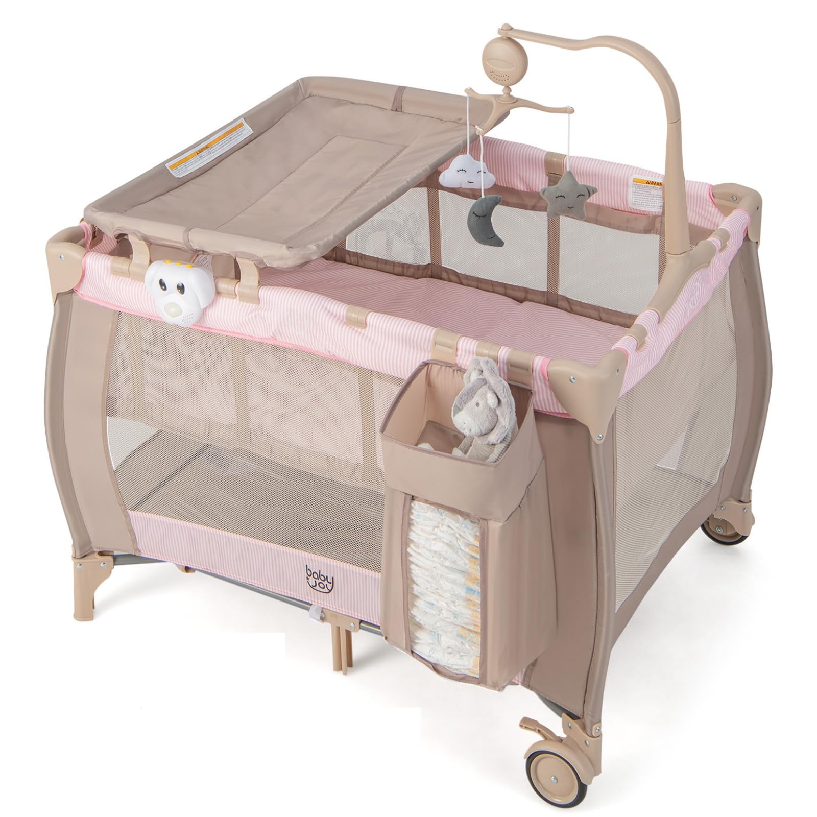 3 in 1 Pink Pack and Play with Bassinet, Portable Baby Playard