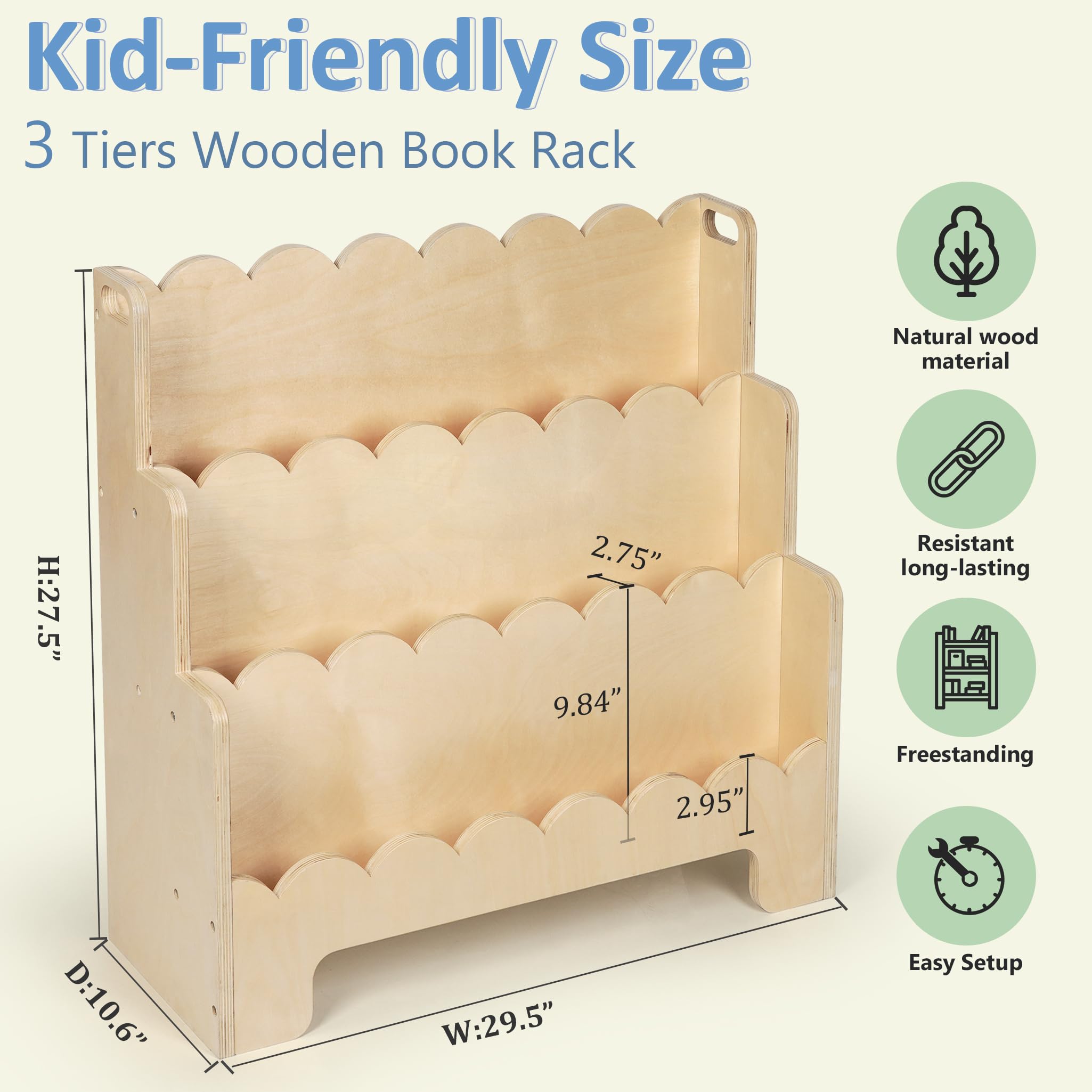 Wooden 3-Tier Kids Bookshelf with Front-Facing Display