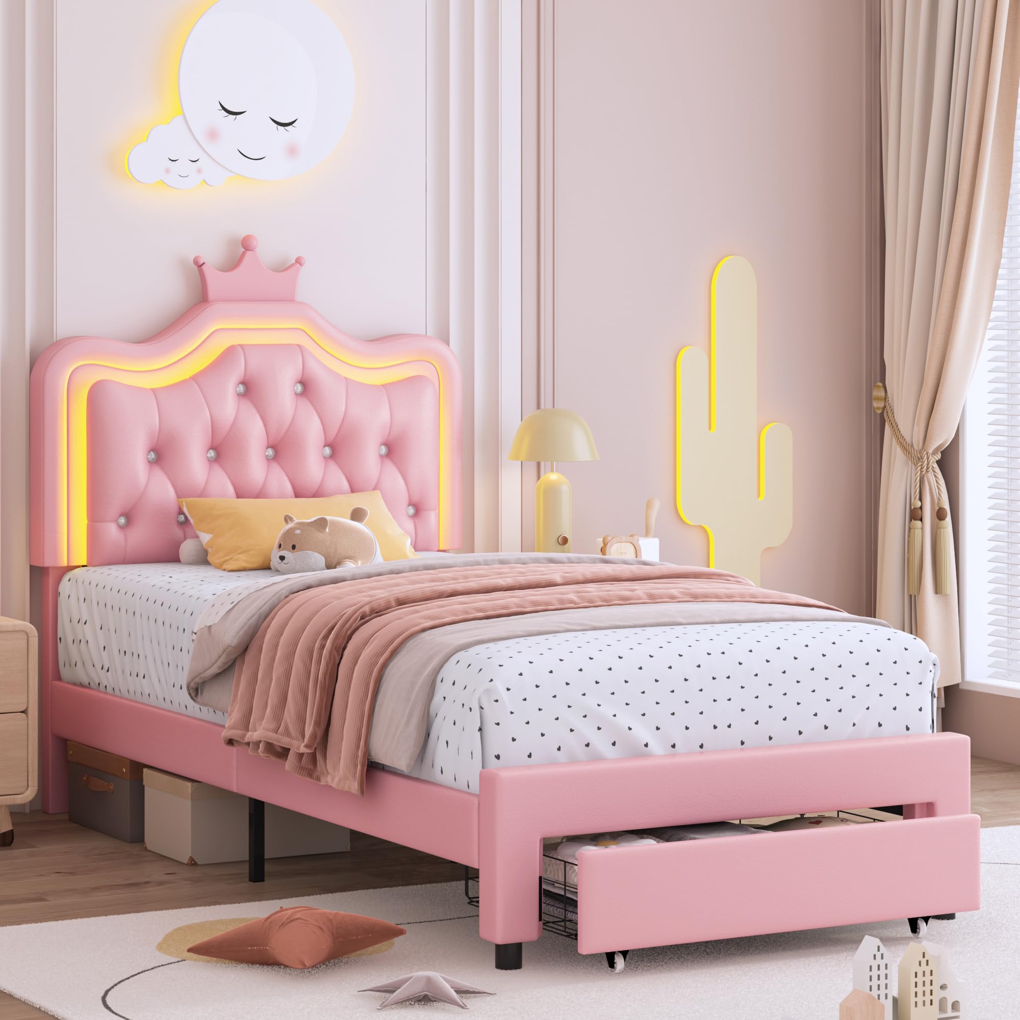 2 Set Twin Upholstered LED Bed Frame with Storage Drawer for Kid