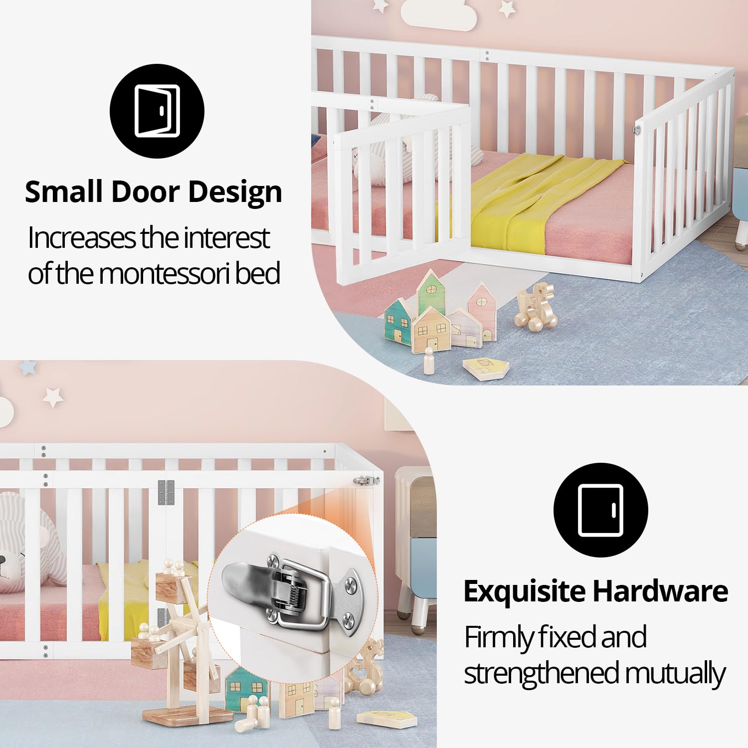 Full Floor Bed for Kids with Safety Guardrails and Door