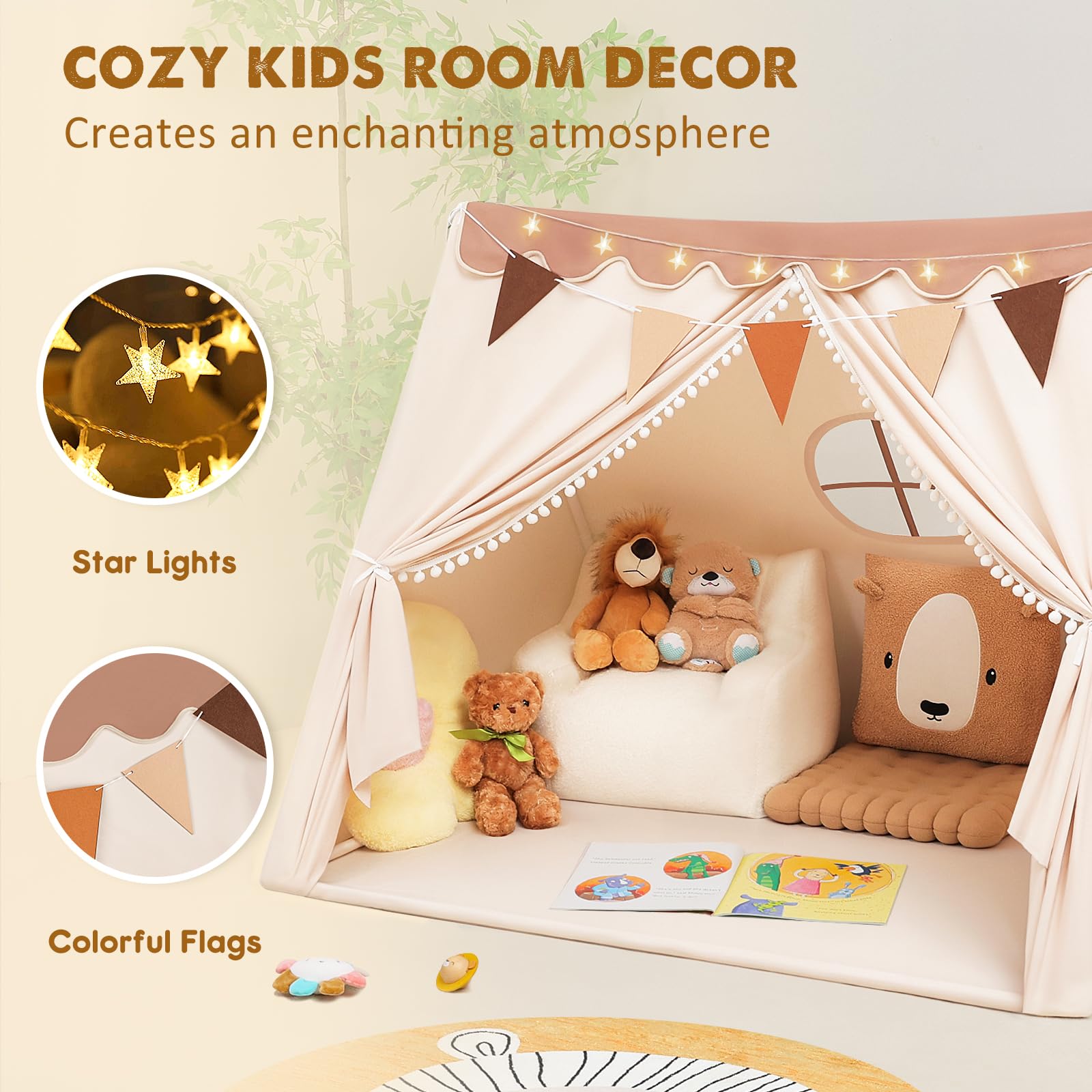 Tent Indoor with Star Lights and Flags - Play Tent for Kids Ages