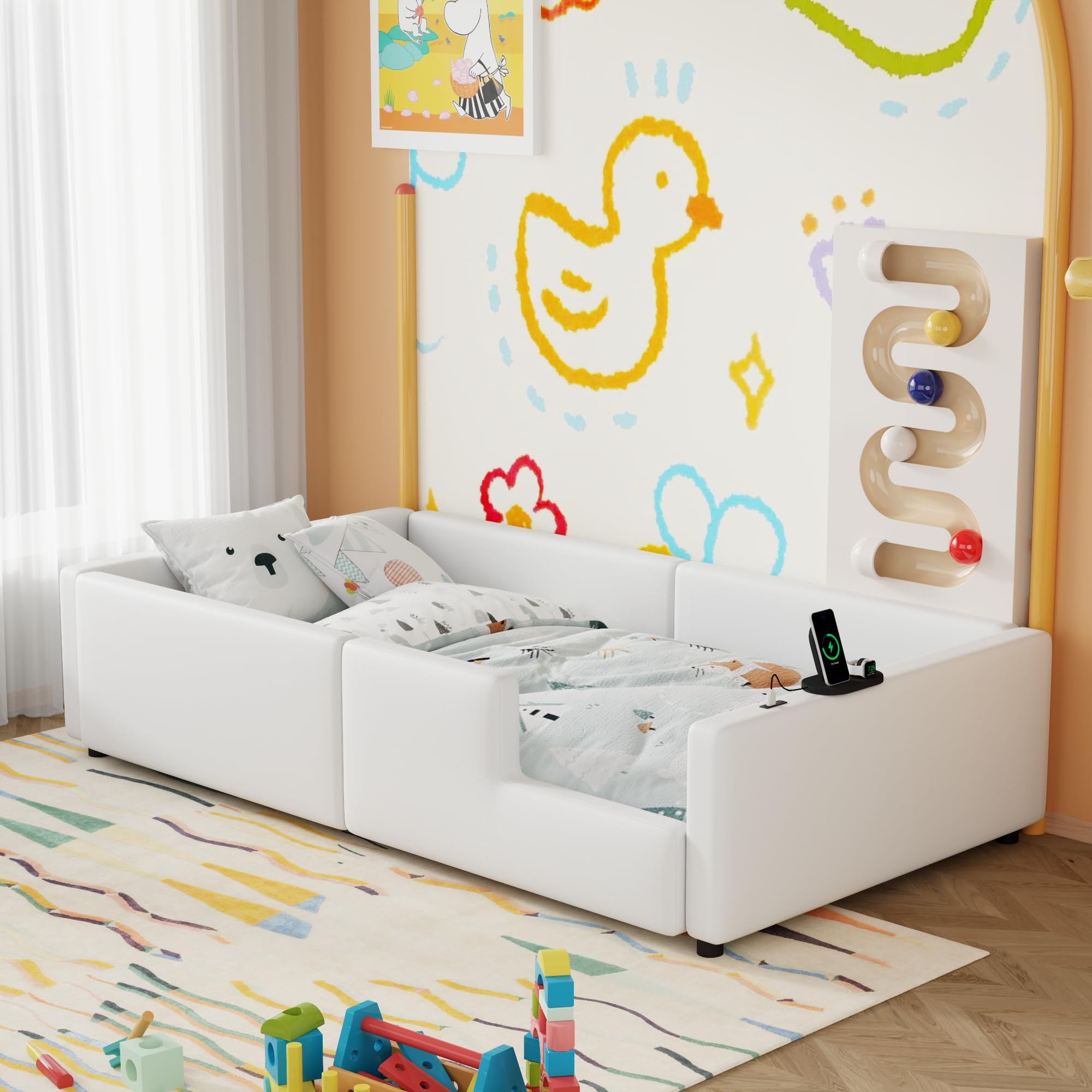 Merax Twin Size Kids Floor Bed with Guardrail and Charging Station, PU Leather Upholstered Daybed Frame for Bedroom, Children's Room, Wood Slats Support, No Box Spring Needed, Easy Assembly, White